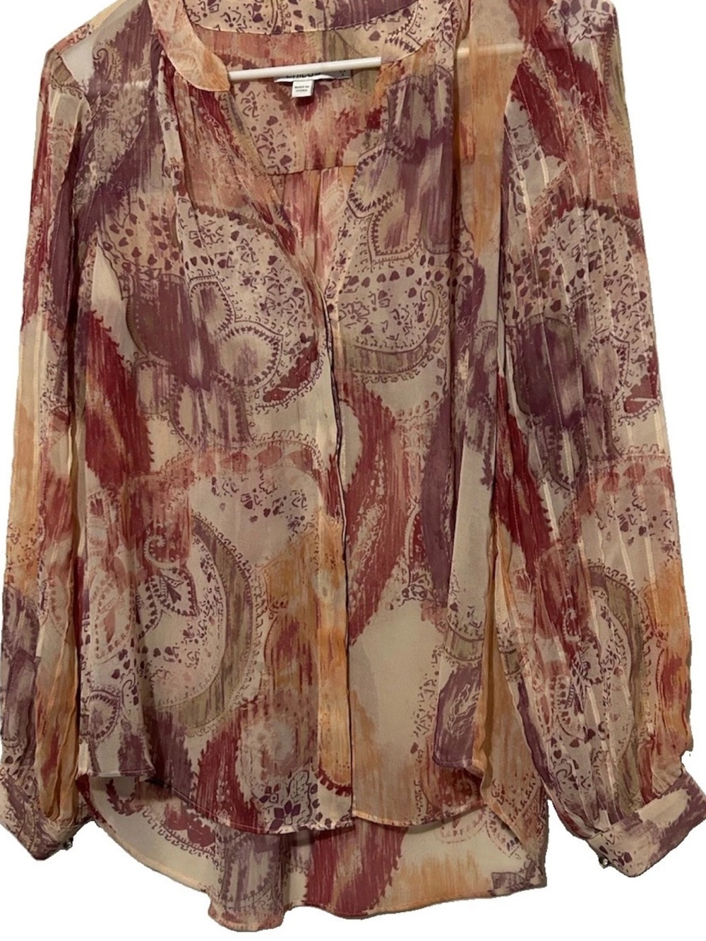 Chico's Top 0 Silky Paisley Print Pintuck Long Sleeve Button Down Shirt Blouse 4